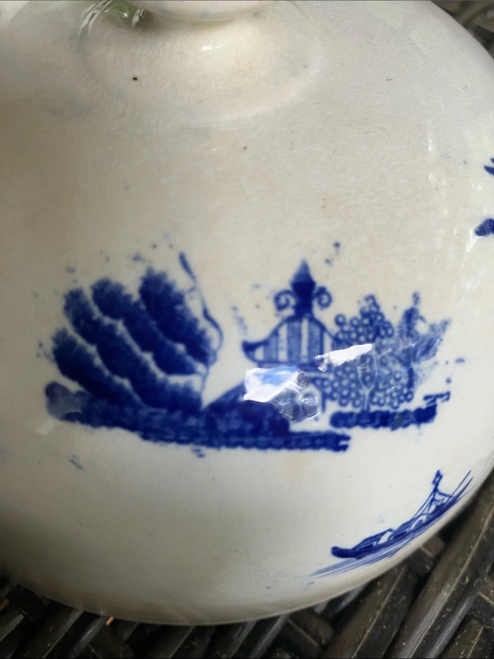 Antique Blue Willow Pagoda Butter Dish cover only stained no chips